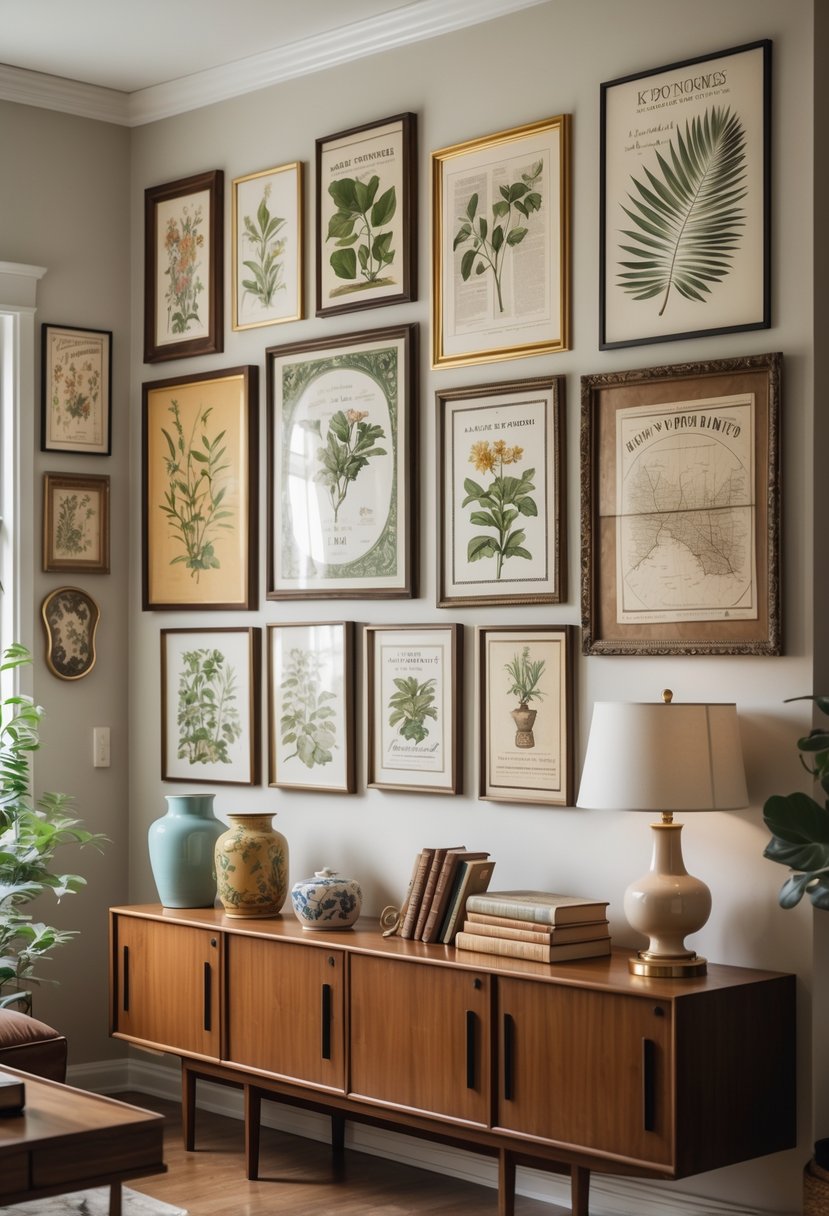 A living room corner with a gallery wall of framed vintage prints above a wooden console table holding decorative items and a potted plant nearby.