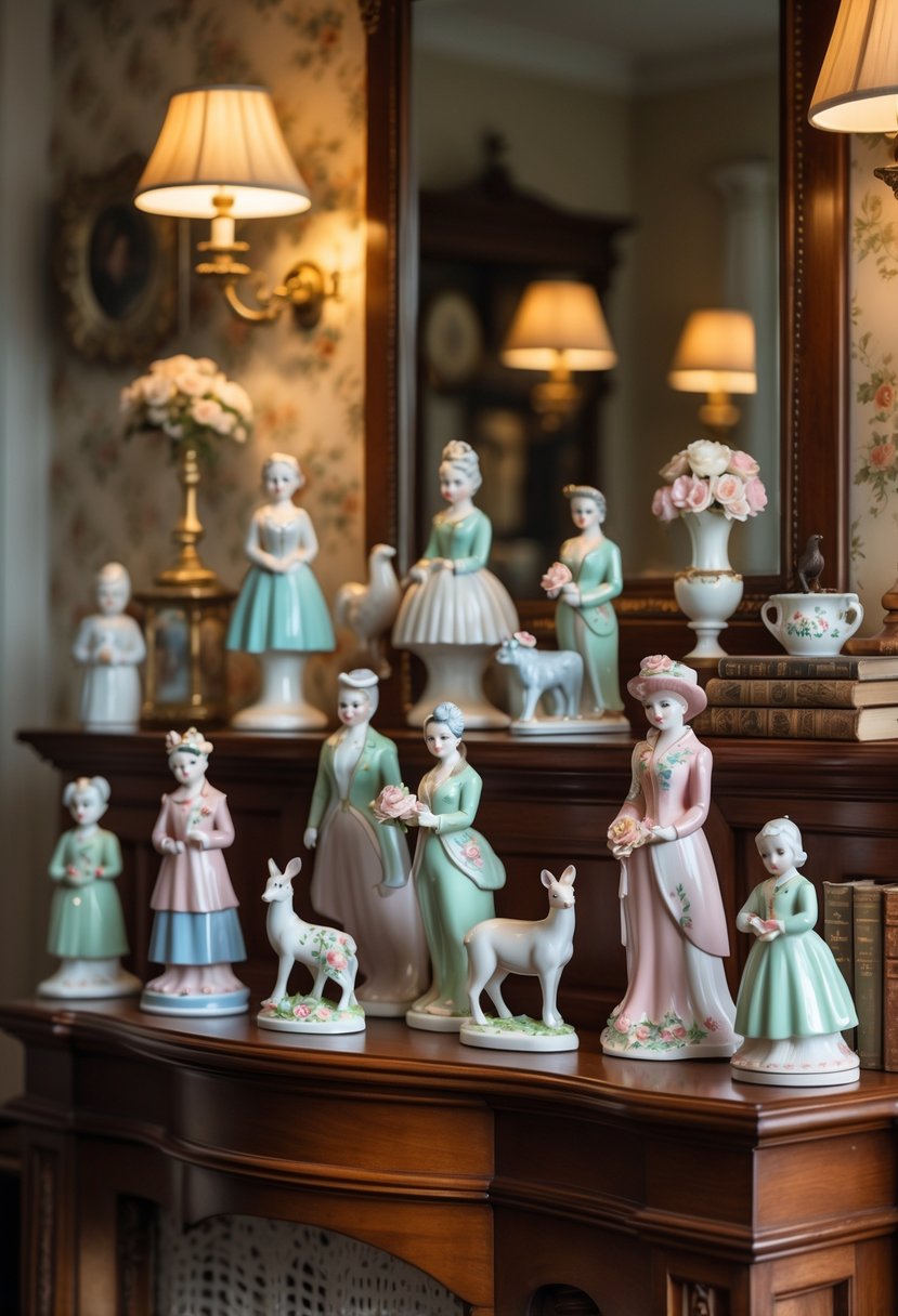 A collection of decorative porcelain figurines displayed on a wooden shelf in a cozy home setting.