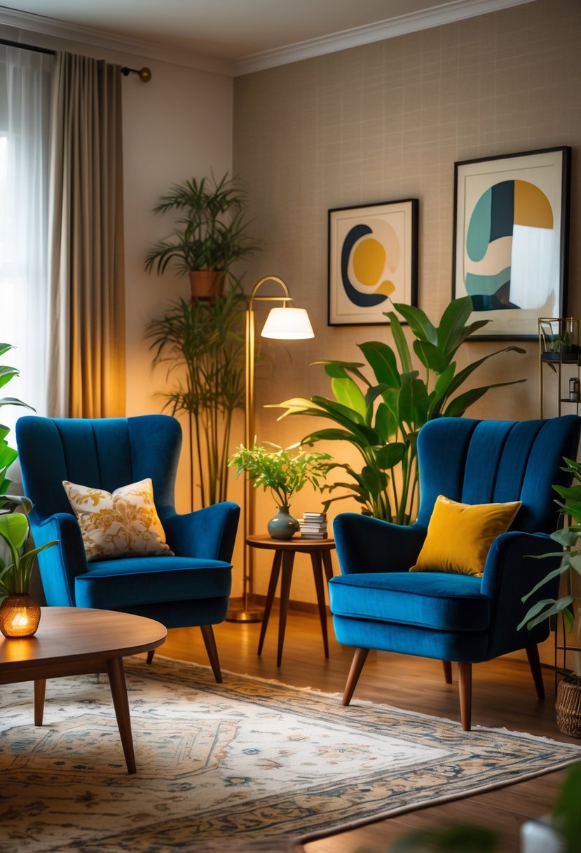 A living room with two velvet armchairs, a wooden coffee table, plants, and framed artwork on the wall.