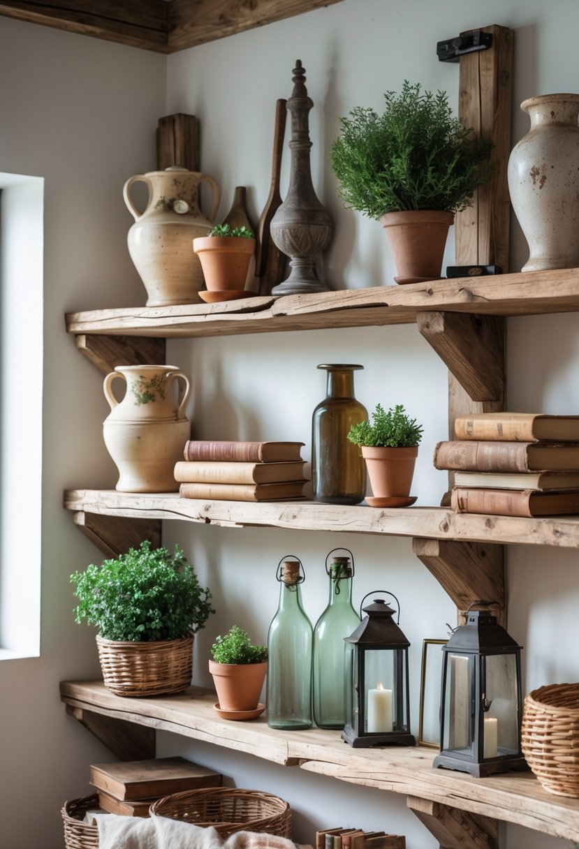 Wooden shelves displaying various vintage home decor items such as ceramic vases, books, potted plants, glass bottles, and baskets.