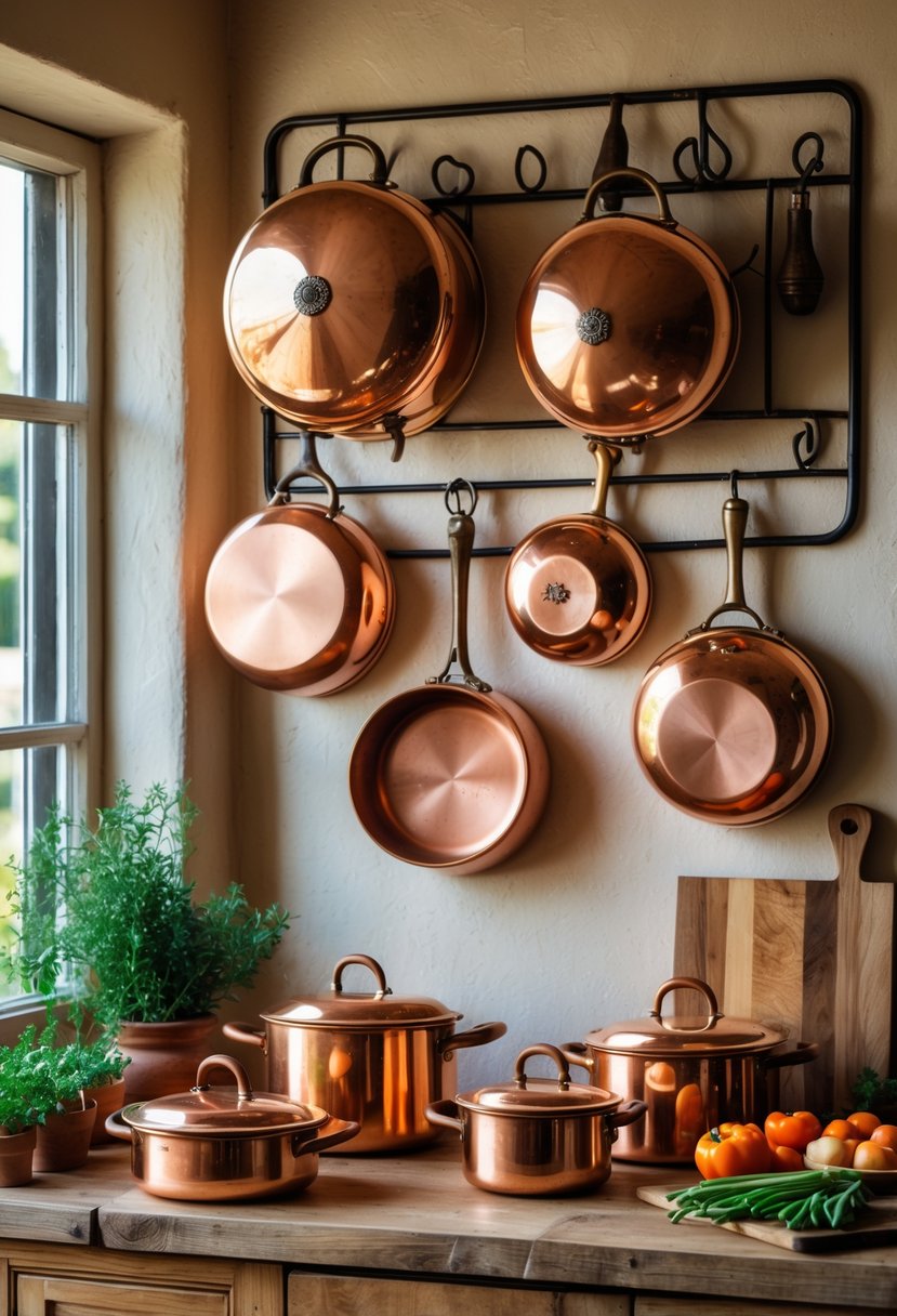 A collection of vintage copper pots and pans arranged on a wooden kitchen countertop with herbs and vegetables nearby.