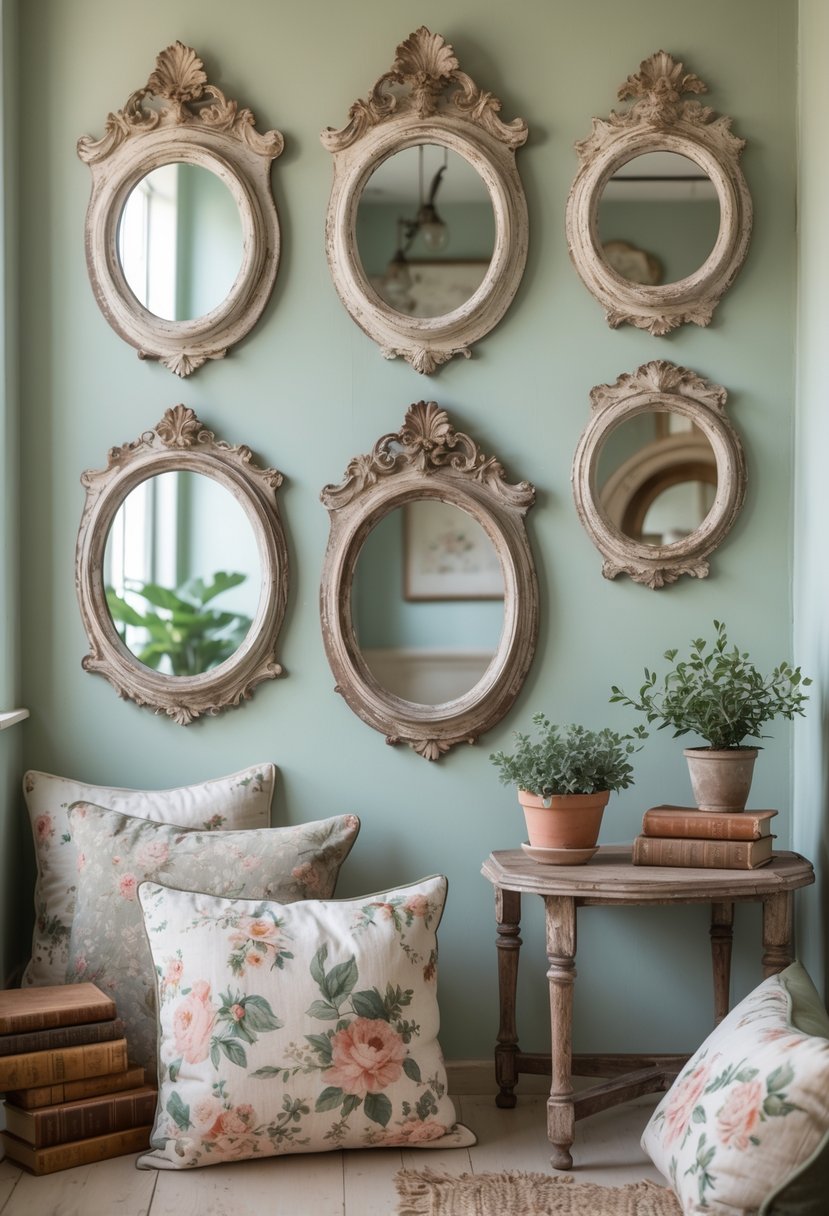 A cozy interior corner with several vintage mirrors on a pastel wall, a wooden side table with a plant, and stacked books.