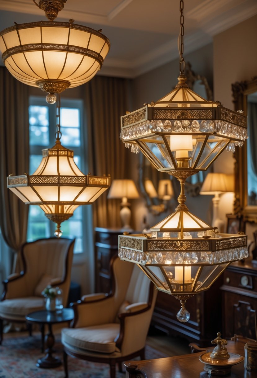 A well-lit room with several vintage chandeliers hanging from the ceiling above elegant furniture and decorative accents.