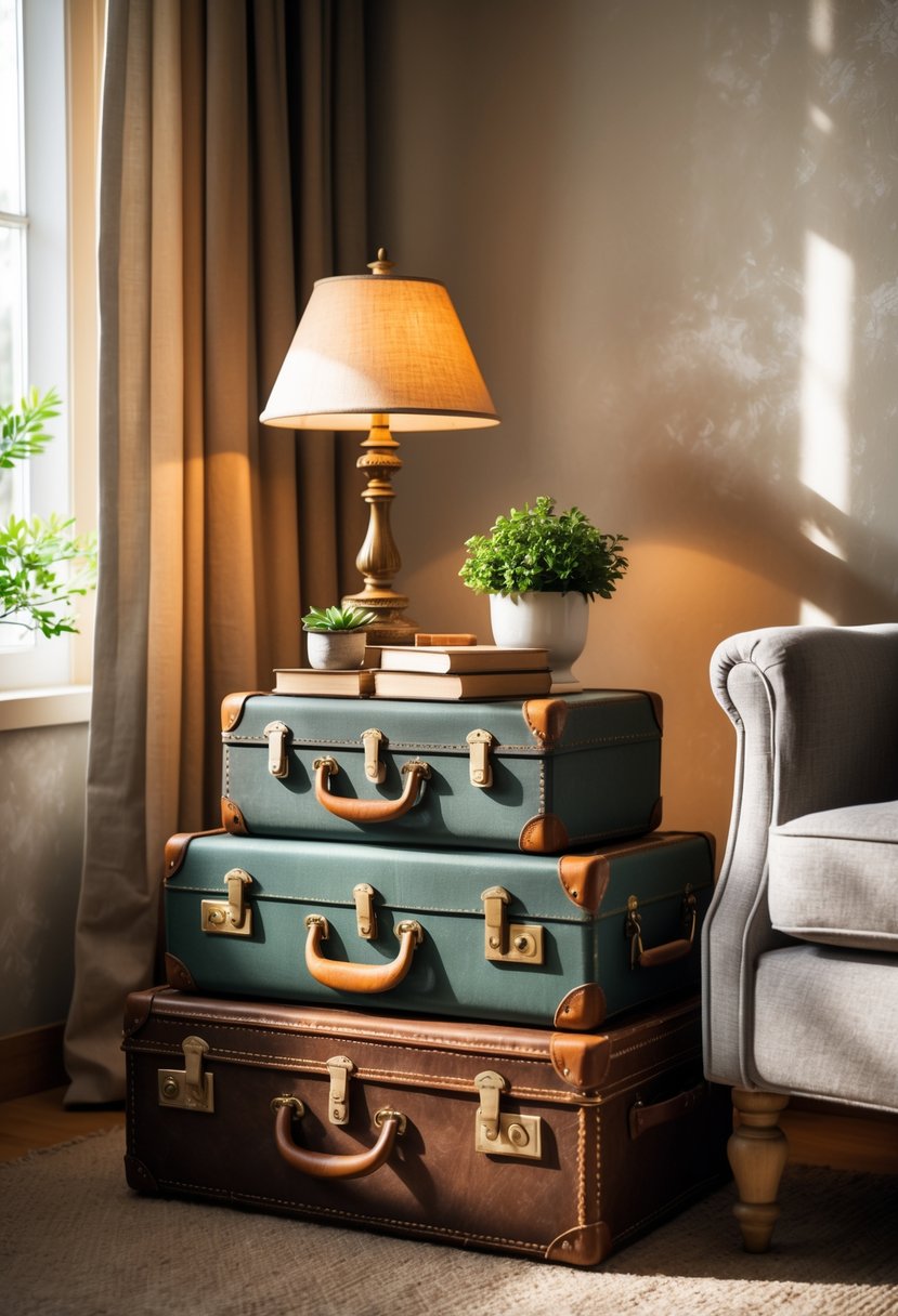 A cozy living room corner with vintage suitcases used as side tables next to an armchair, decorated with a lamp, plant, and books.