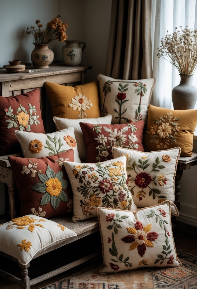 A cozy living room with a wooden bench and armchair displaying multiple embroidered throw pillows in warm colors, surrounded by vintage home decor items.