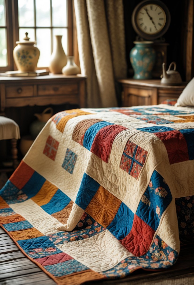 A cozy bedroom with a bed covered in colorful patchwork quilts and vintage home decor.