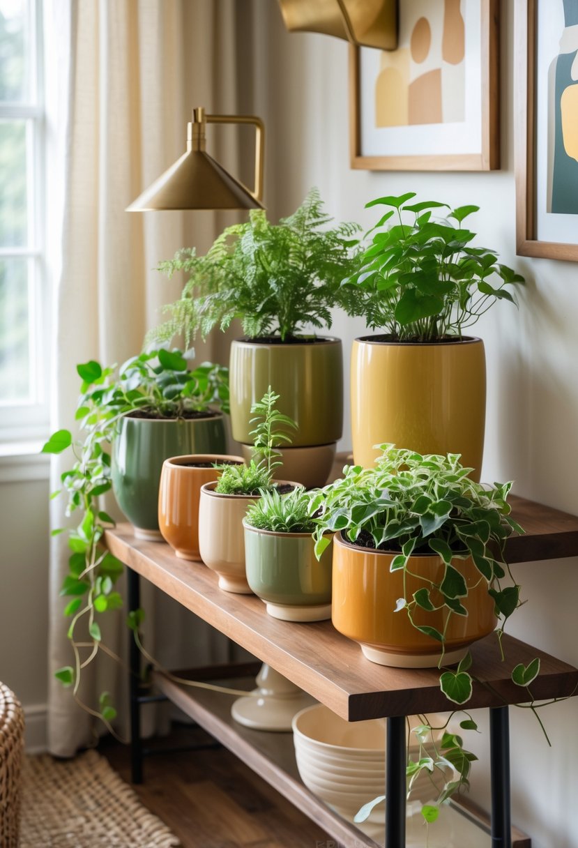 A collection of ceramic planters with green plants arranged on a wooden shelf and table in a cozy living room corner.