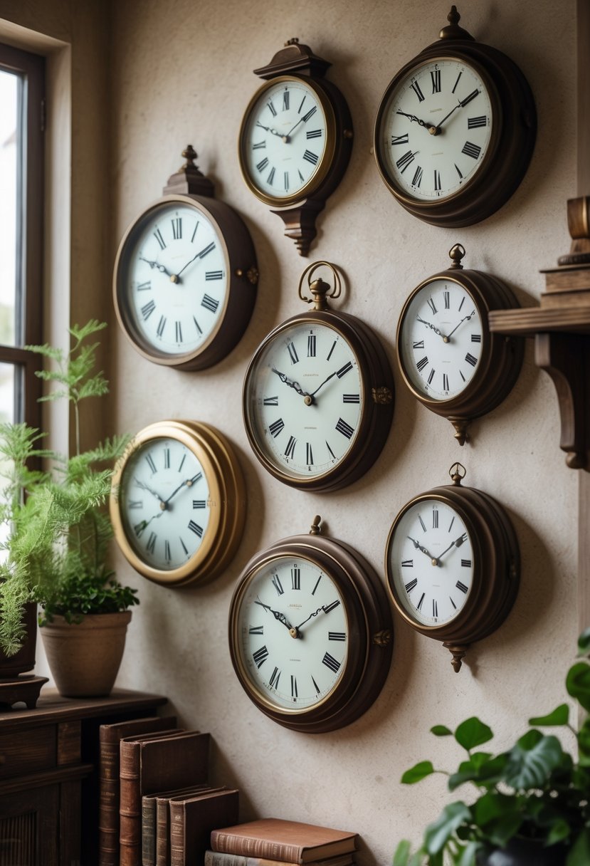 A wall decorated with various old-fashioned clocks surrounded by vintage home decor items in a softly lit room.