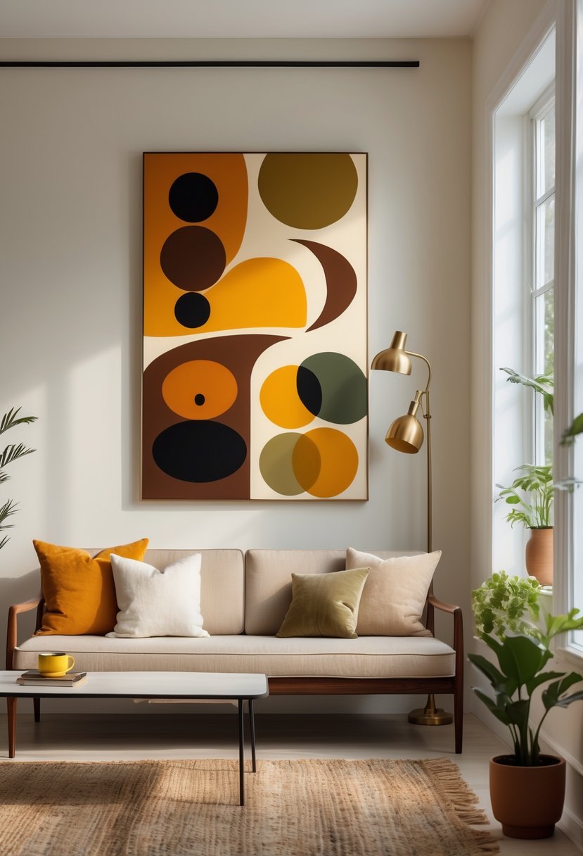 A cozy living room with a wooden sofa, coffee table, potted plants, and colorful abstract wall art on a light wall.