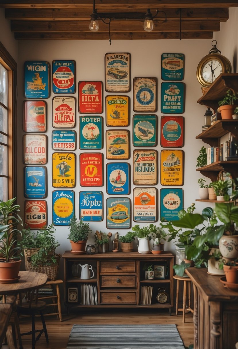 A cozy room wall decorated with various colorful vintage tin advertising signs surrounded by antique furniture and plants.