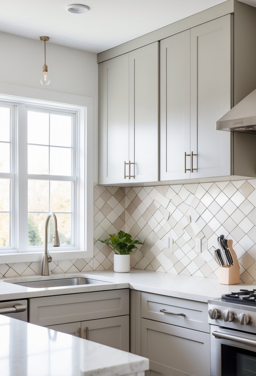 A modern kitchen with a neutral-toned peel-and-stick tile backsplash behind a countertop, brightened by natural light.