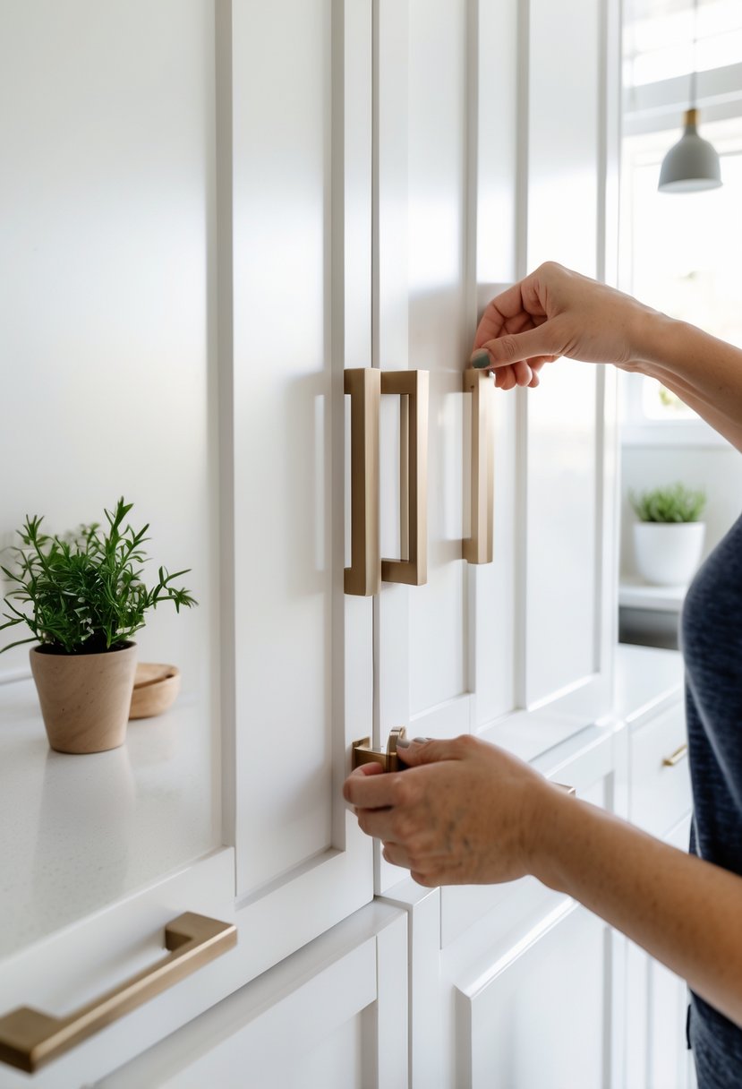 Close-up of hands installing modern handles on kitchen cabinet doors in a bright kitchen.