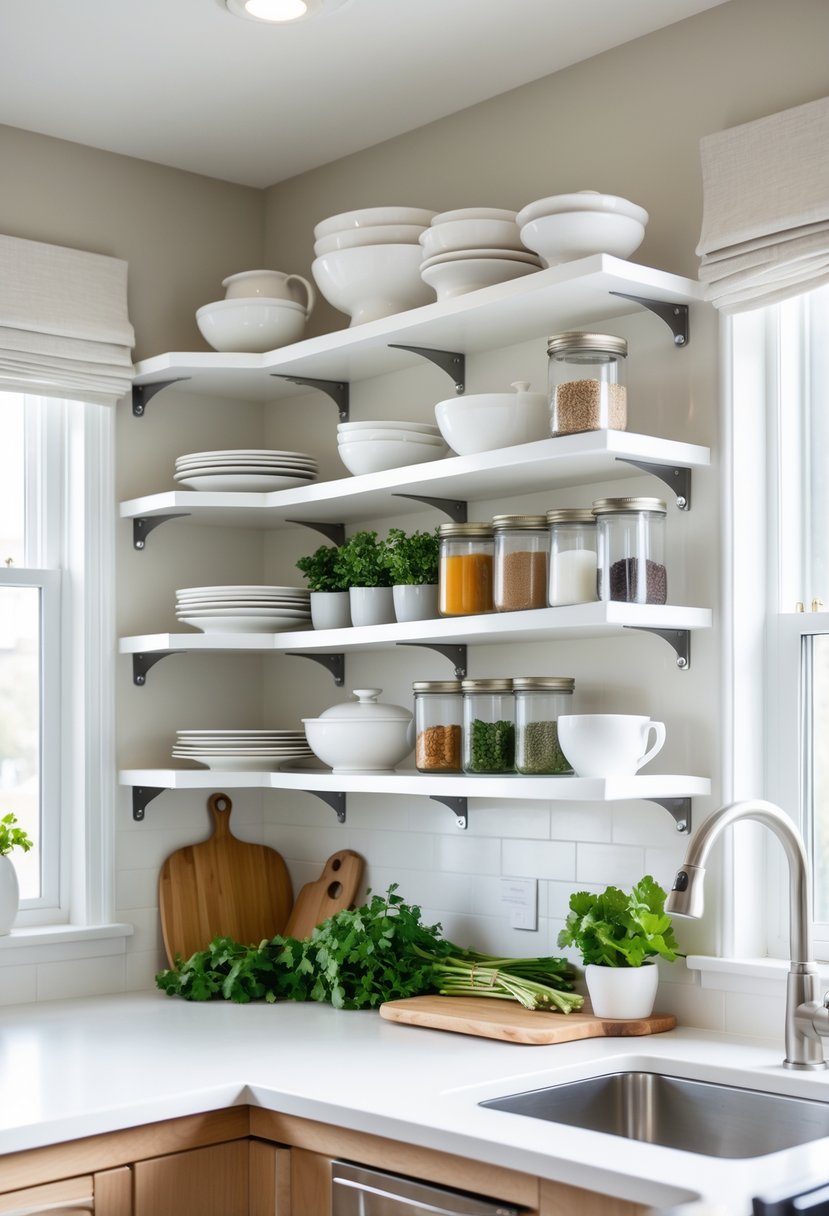 A modern kitchen with open shelves holding dishes, jars, and plants above a clean countertop with a sink.
