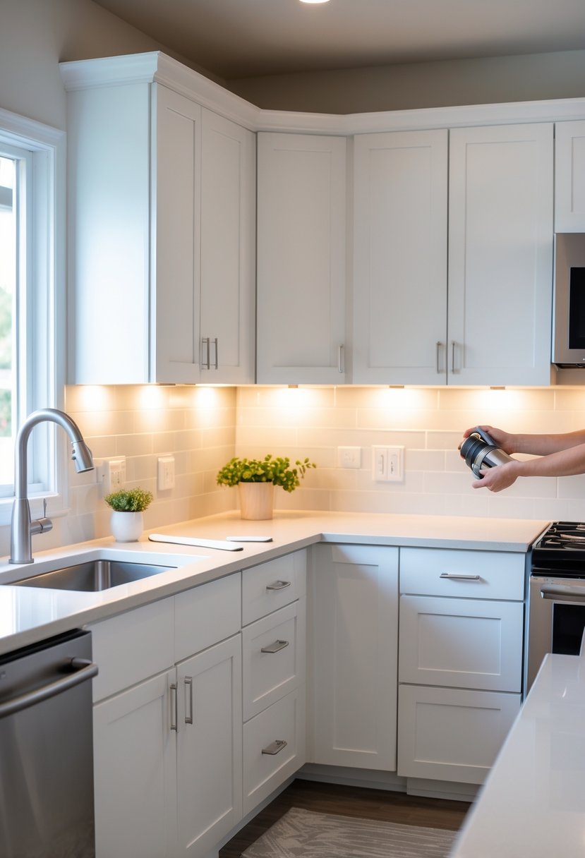 Hands installing temporary under-cabinet LED lighting in a modern kitchen with white cabinets and stainless steel appliances.