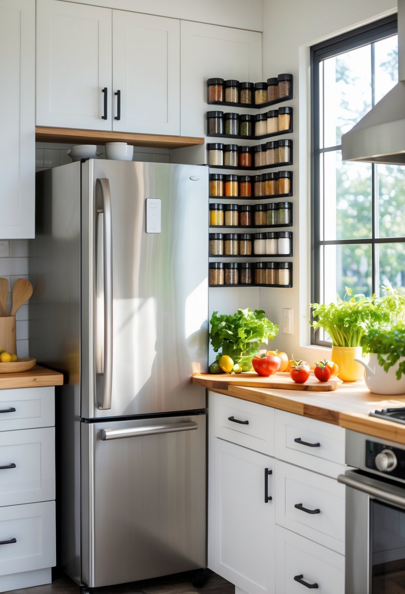 A kitchen with magnetic spice racks on a refrigerator and wall, filled with spice jars and cooking items.