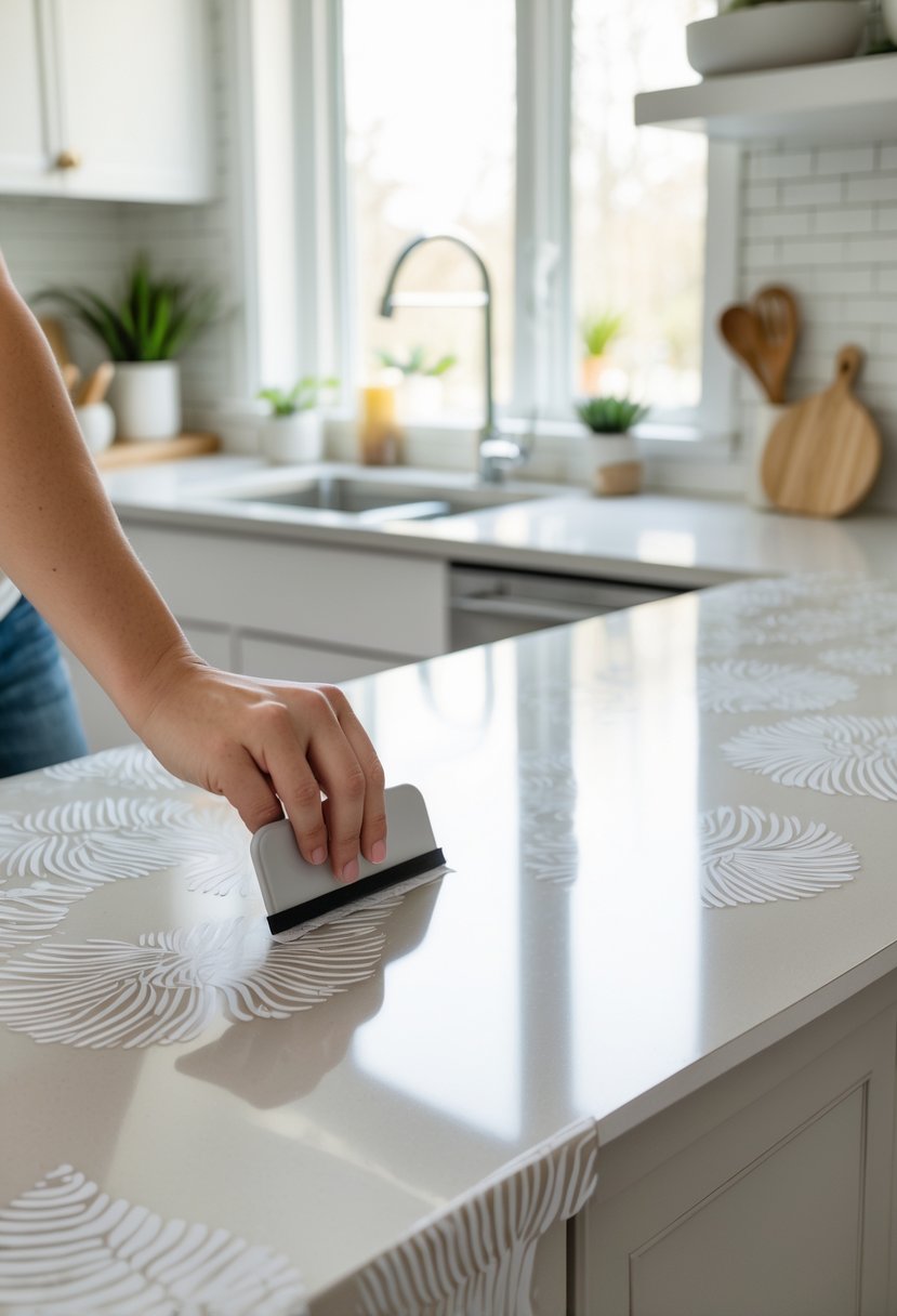 Person applying contact paper to a kitchen countertop in a bright kitchen.