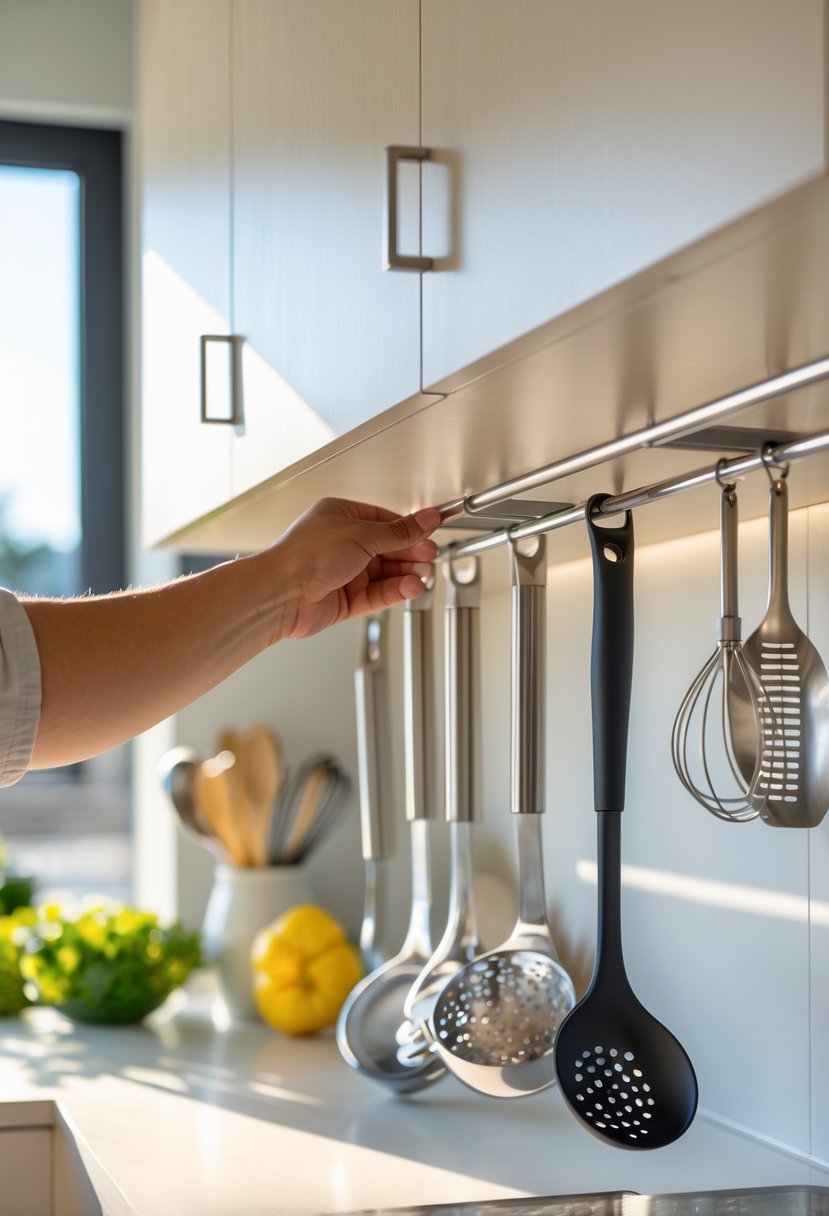 Hand installing a tension rod under a kitchen cabinet with utensils hanging on it in a modern kitchen.