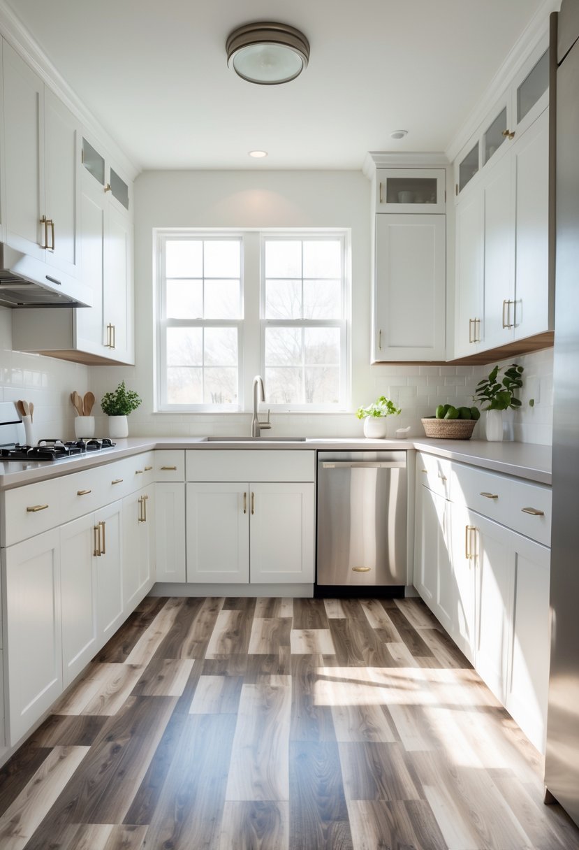 A modern kitchen with white cabinets, stainless steel appliances, and newly installed wood grain peel-and-stick vinyl flooring illuminated by natural light.