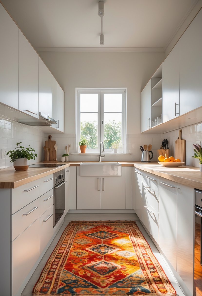 A modern kitchen with white cabinets and stainless steel appliances, featuring a colorful decorative rug on the floor.