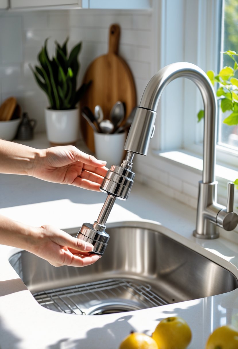 Hands installing a removable kitchen faucet attachment on a stainless steel sink in a modern kitchen.