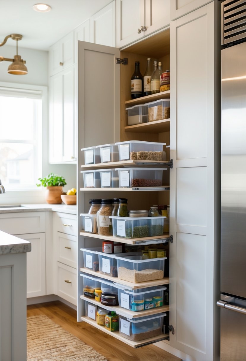 Open kitchen cabinets with stackable storage bins neatly organizing food items in a modern kitchen.