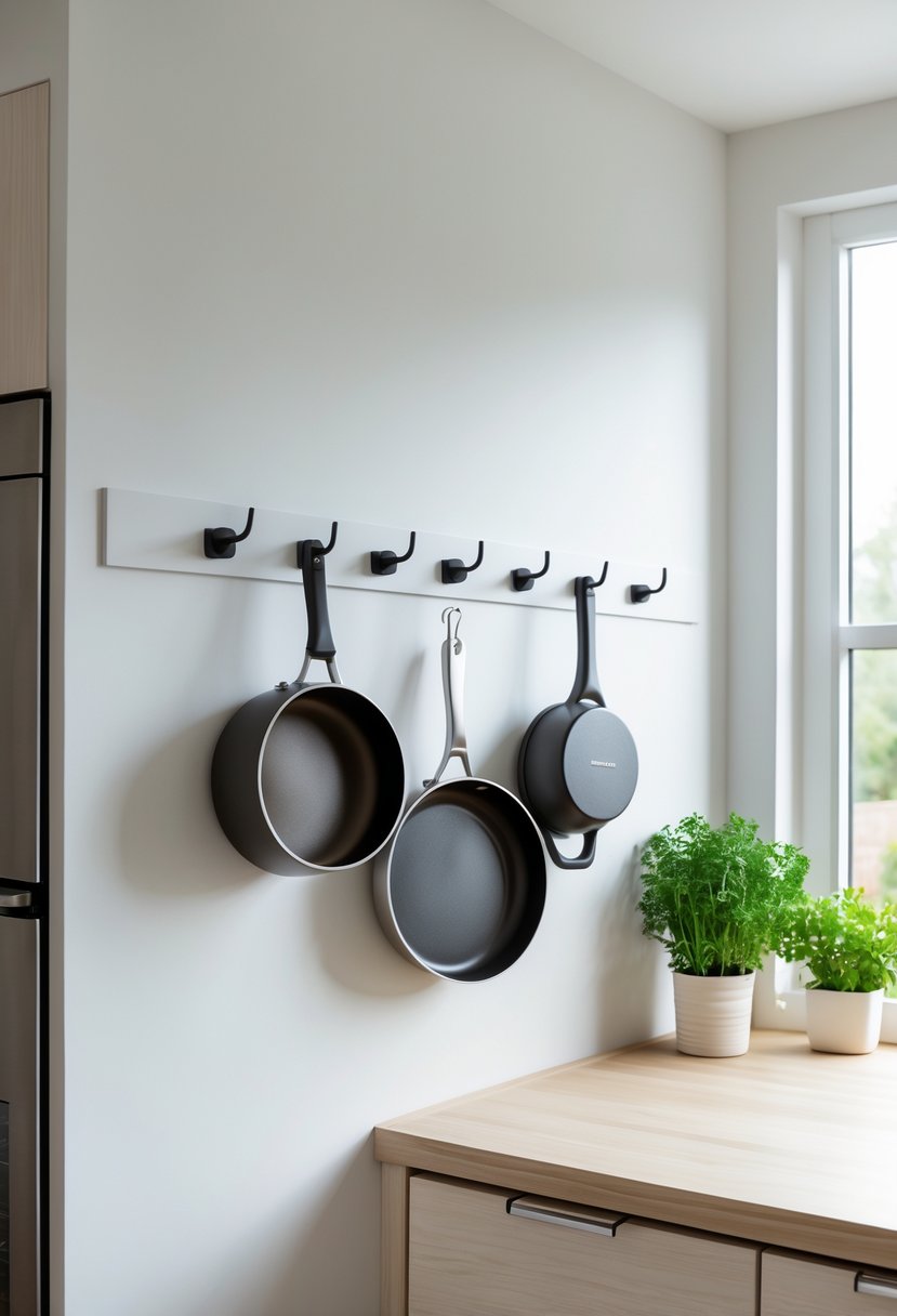 Close-up of removable wall hooks holding pots and pans in a bright kitchen.