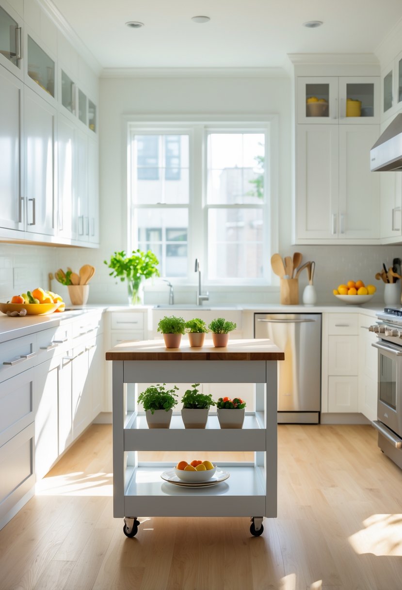 A modern kitchen with a rolling kitchen island on wheels, surrounded by white cabinets and stainless steel appliances.