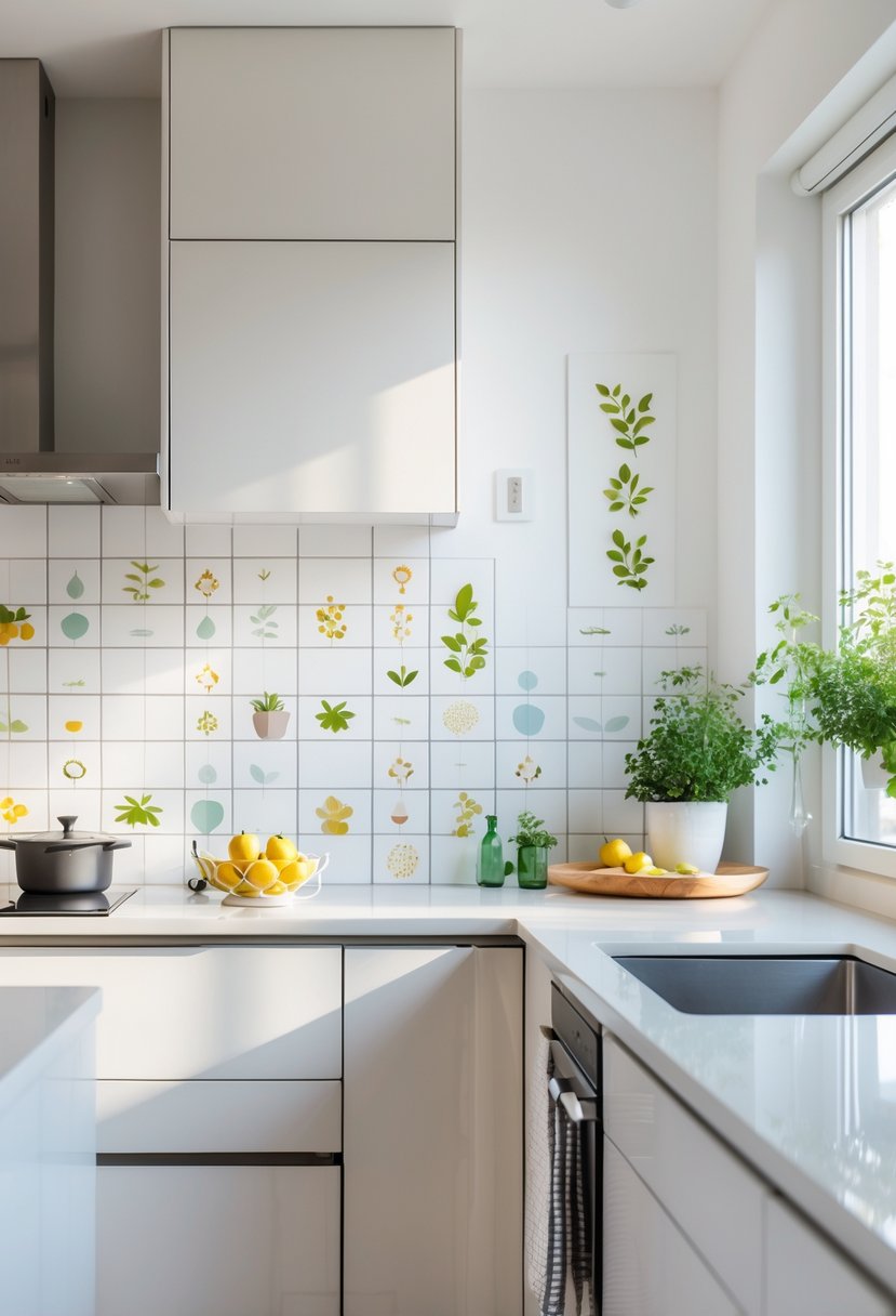 A modern kitchen with decorative adhesive wall decals on the backsplash, bright countertops, and natural light coming through a window.