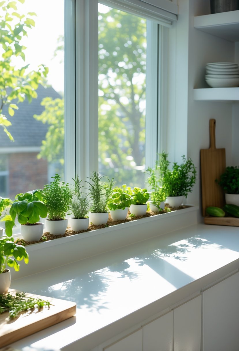 A kitchen windowsill with several small pots of fresh green herbs bathed in sunlight, overlooking a tidy countertop with kitchen utensils and vegetables.