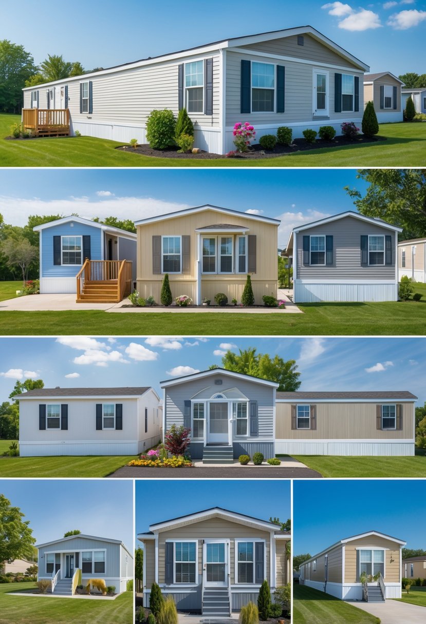 A collection of 15 singlewide mobile homes in various styles and colors arranged outdoors on grassy lots with trees and shrubs under a clear sky.