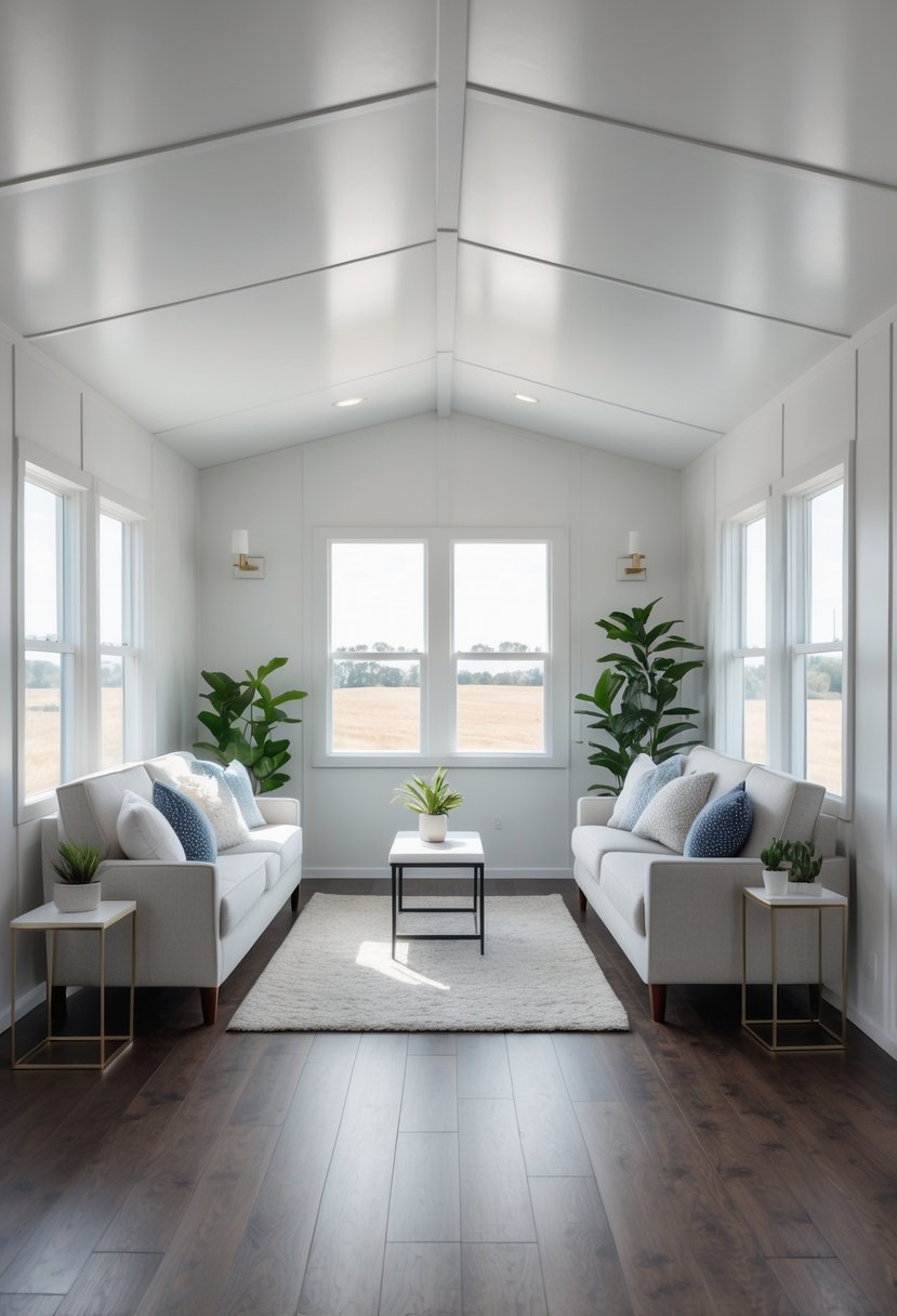 Interior of a mobile home living room with white walls, dark wooden floors, a sofa, coffee table, and large windows letting in natural light.