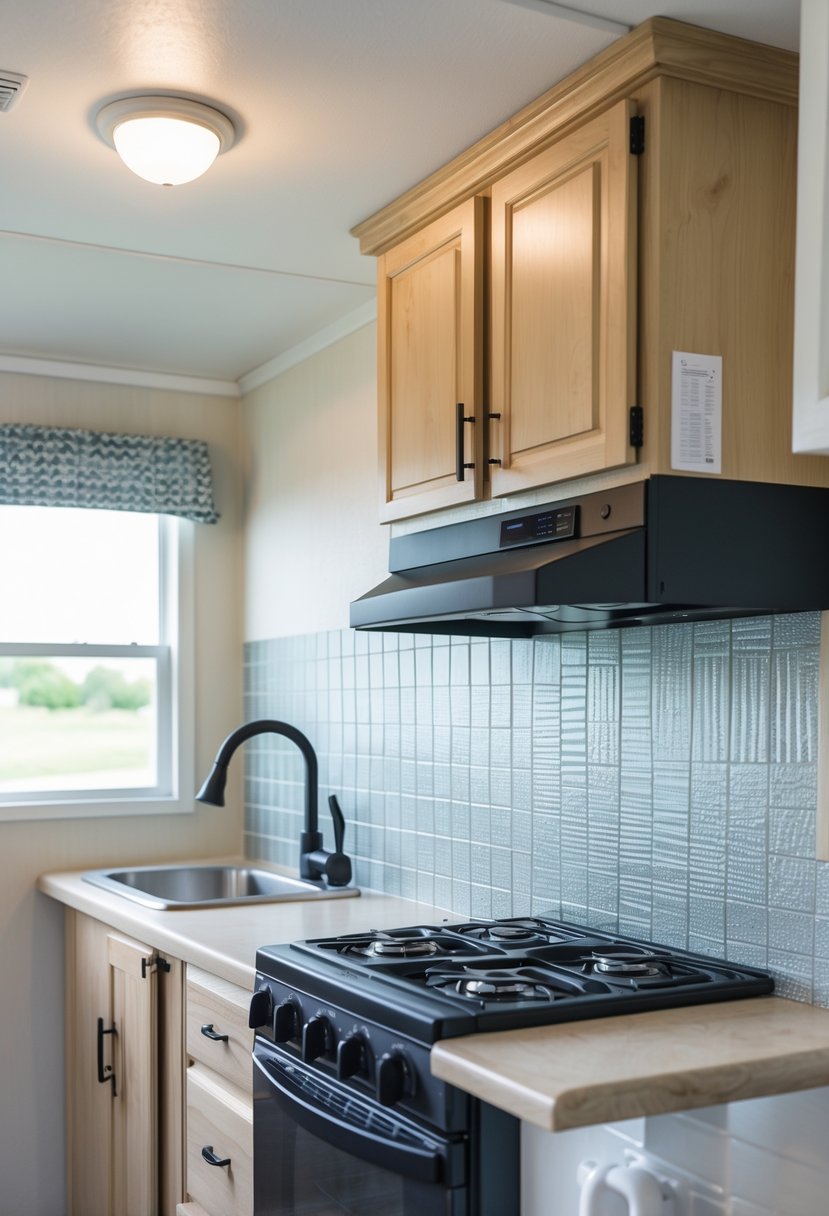 Person installing peel-and-stick backsplash tiles in a compact mobile home kitchen.
