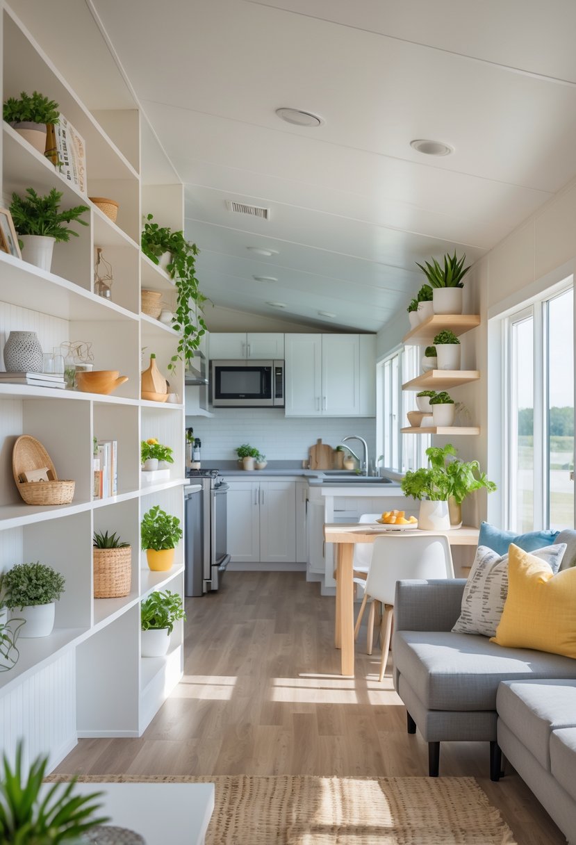 Interior of a singlewide mobile home with open shelves holding books, plants, and kitchen items, bright and neatly organized.