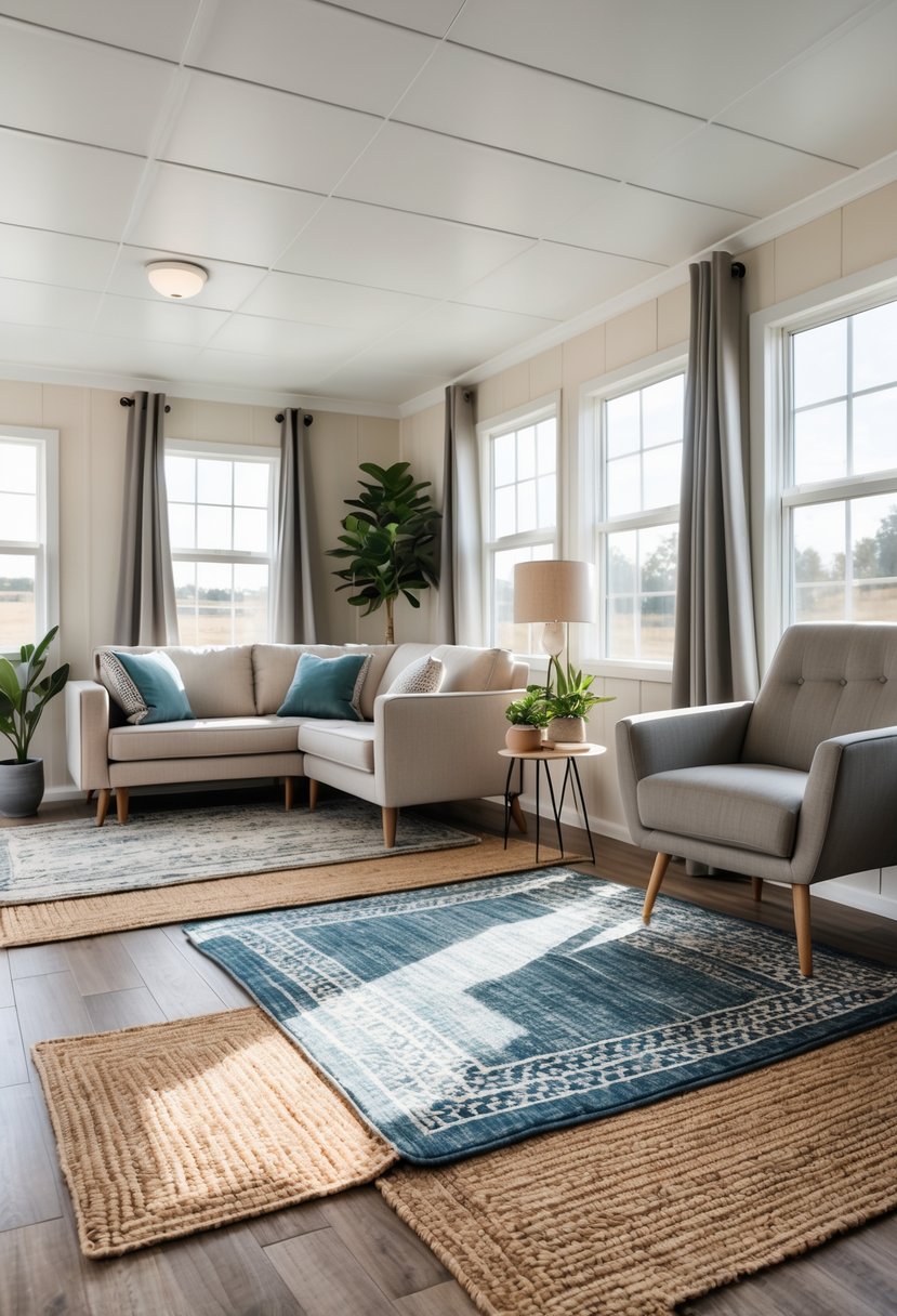 Interior of a singlewide mobile home living area with layered area rugs, sofa, armchair, and plants.
