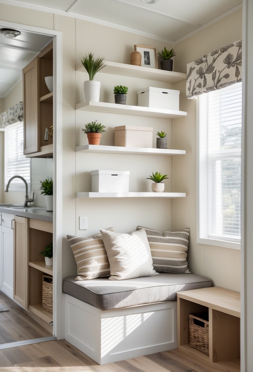 Interior of a singlewide mobile home with floating shelves mounted on the wall above a seating area, showing organized storage and open floor space.