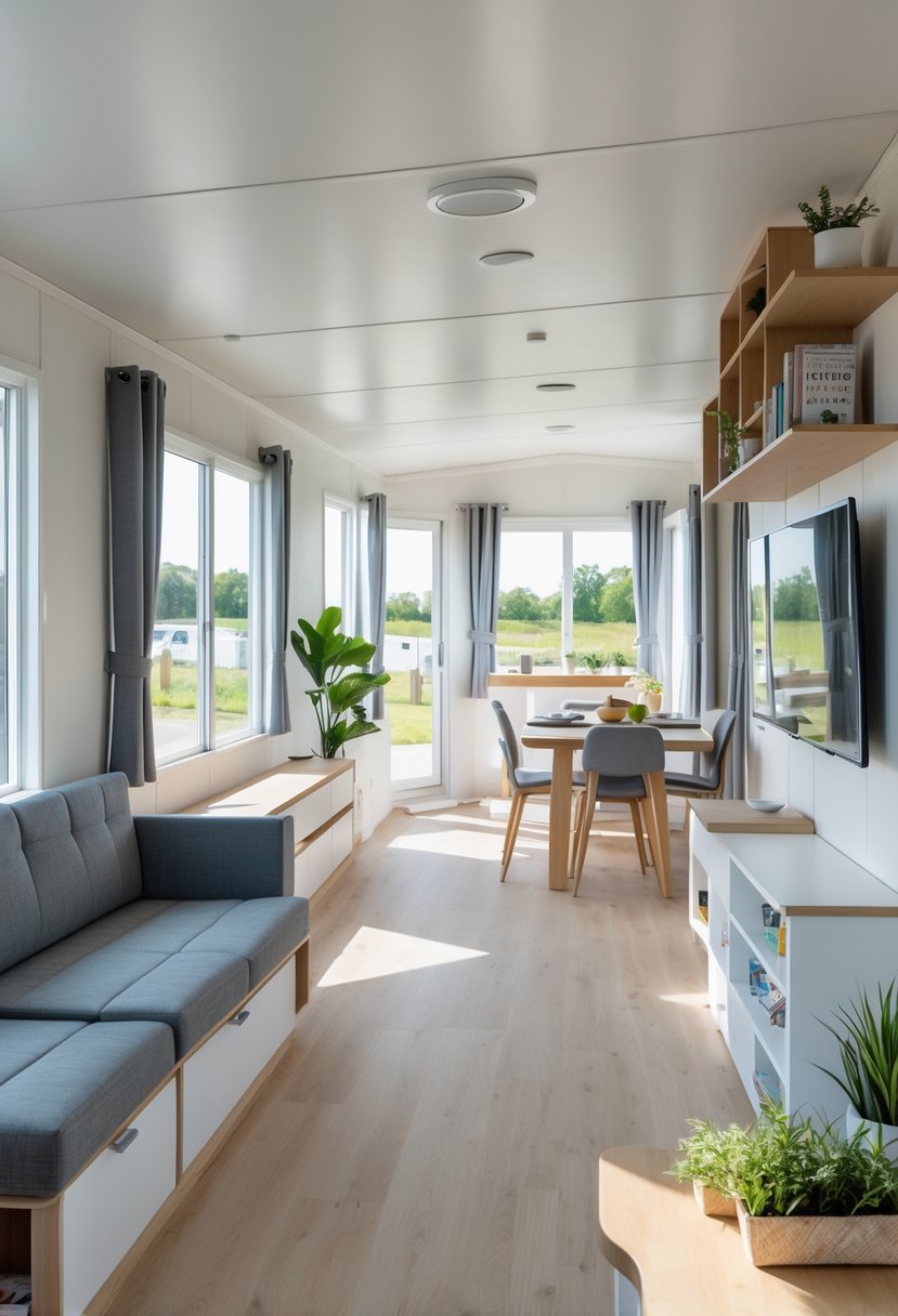 Interior of a small mobile home with multi-functional furniture featuring built-in storage and natural light.