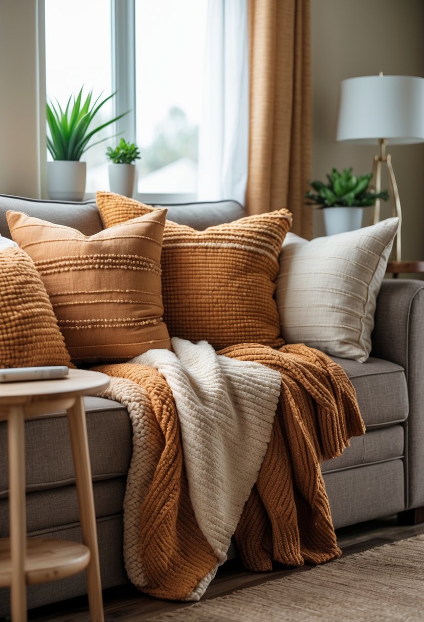 A cozy living area in a singlewide mobile home with a sofa decorated with woven cushions and throws, a side table with a plant, and soft natural light coming through a window.