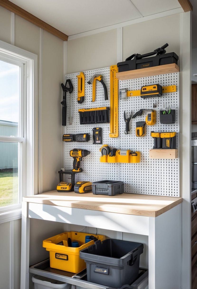 A tidy workspace inside a singlewide mobile home with a pegboard holding tools and supplies above a compact workbench.