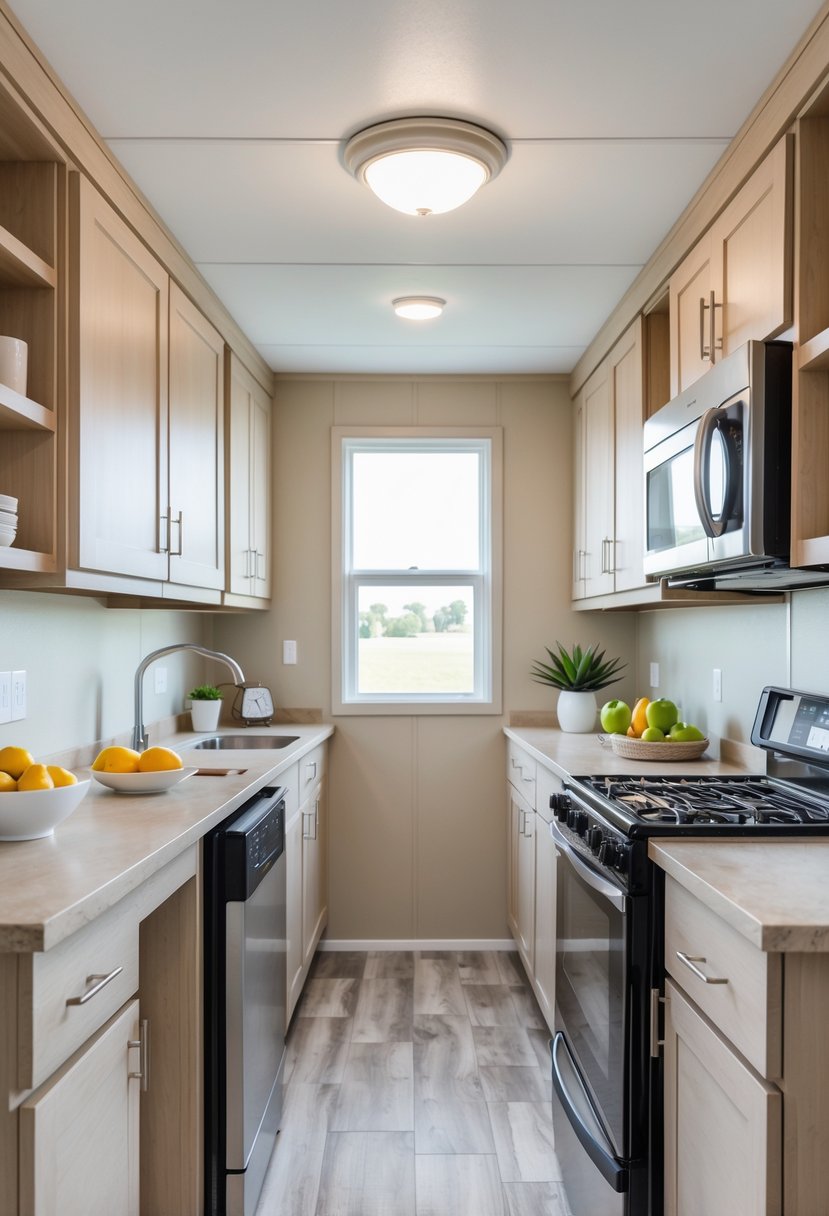 A narrow kitchen with parallel countertops, cabinets, and appliances inside a mobile home.