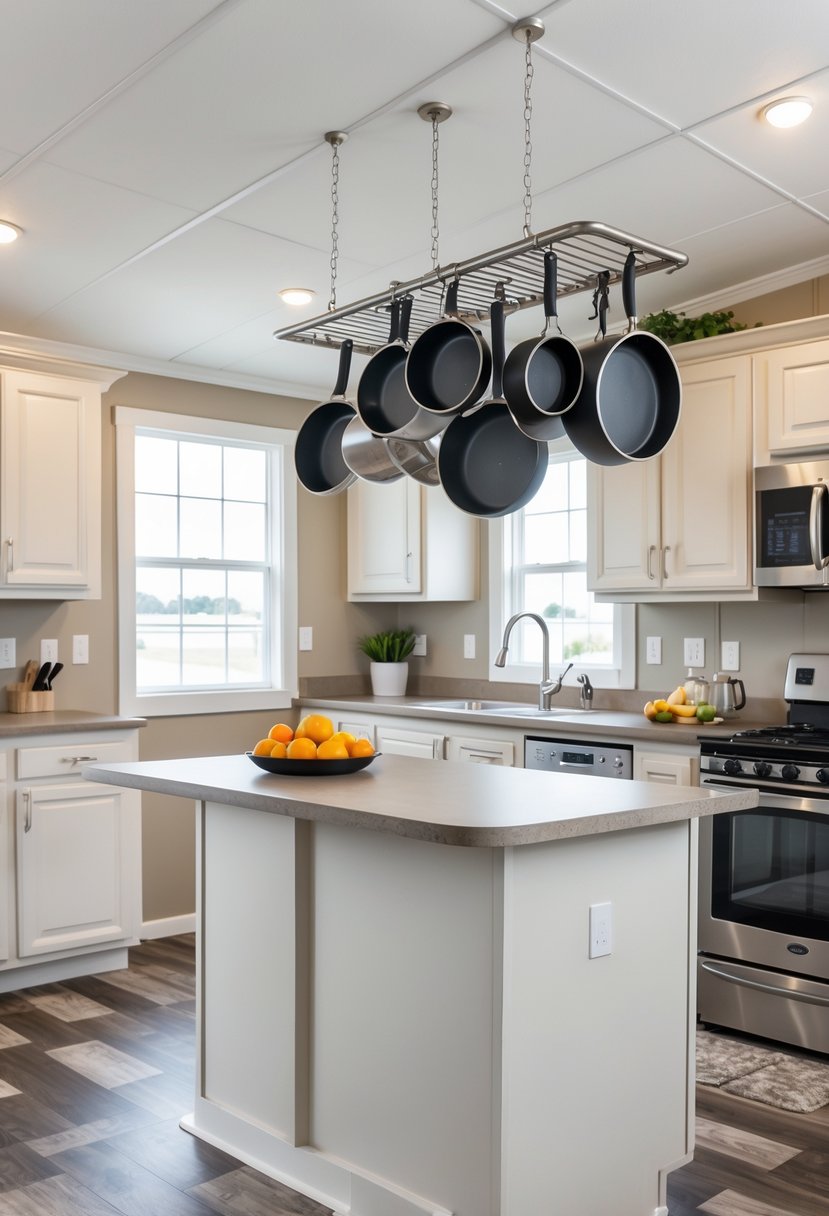 Interior of a singlewide mobile home kitchen with a ceiling-mounted pot rack holding pots and pans above a kitchen island.