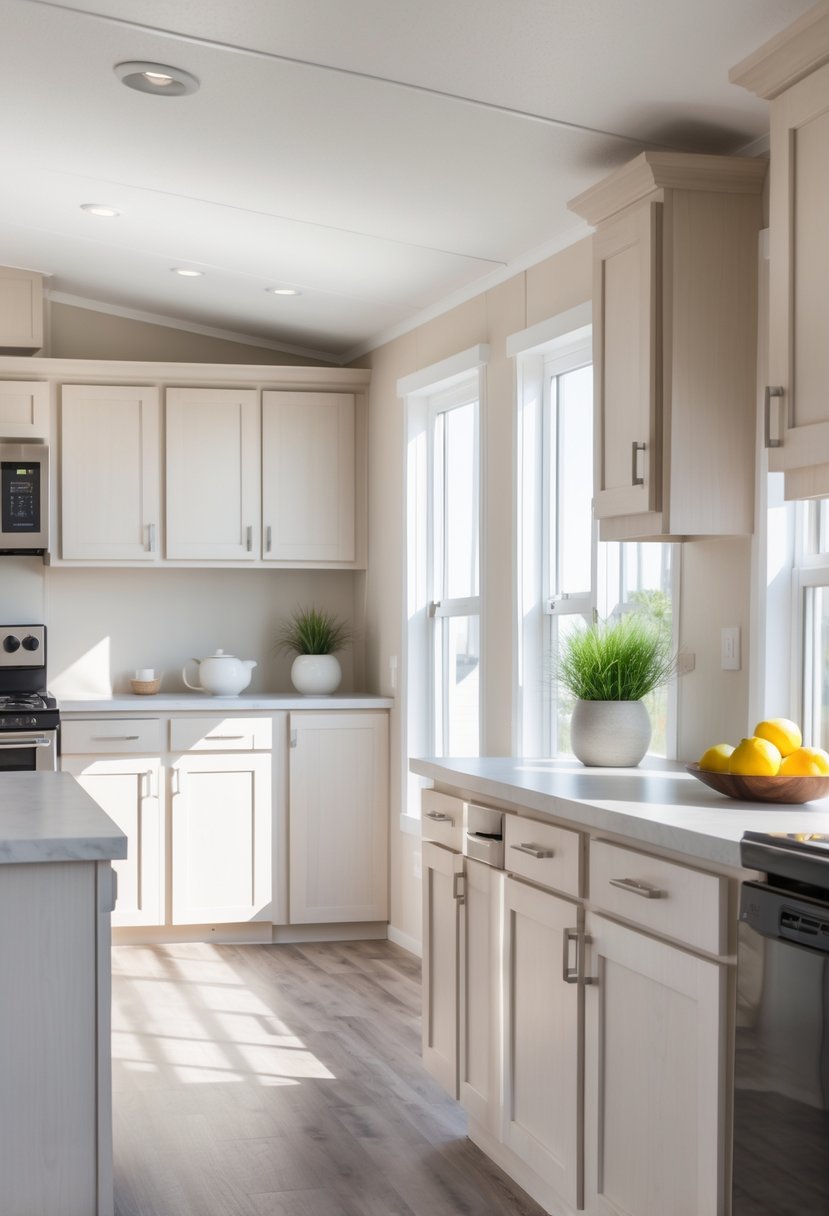 Interior of a bright mobile home kitchen with light-colored cabinets and natural light coming through windows.