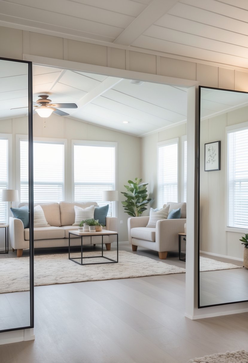Interior of a singlewide mobile home with mirrors placed to make the space appear larger, featuring a cozy living area with a sofa and natural light.