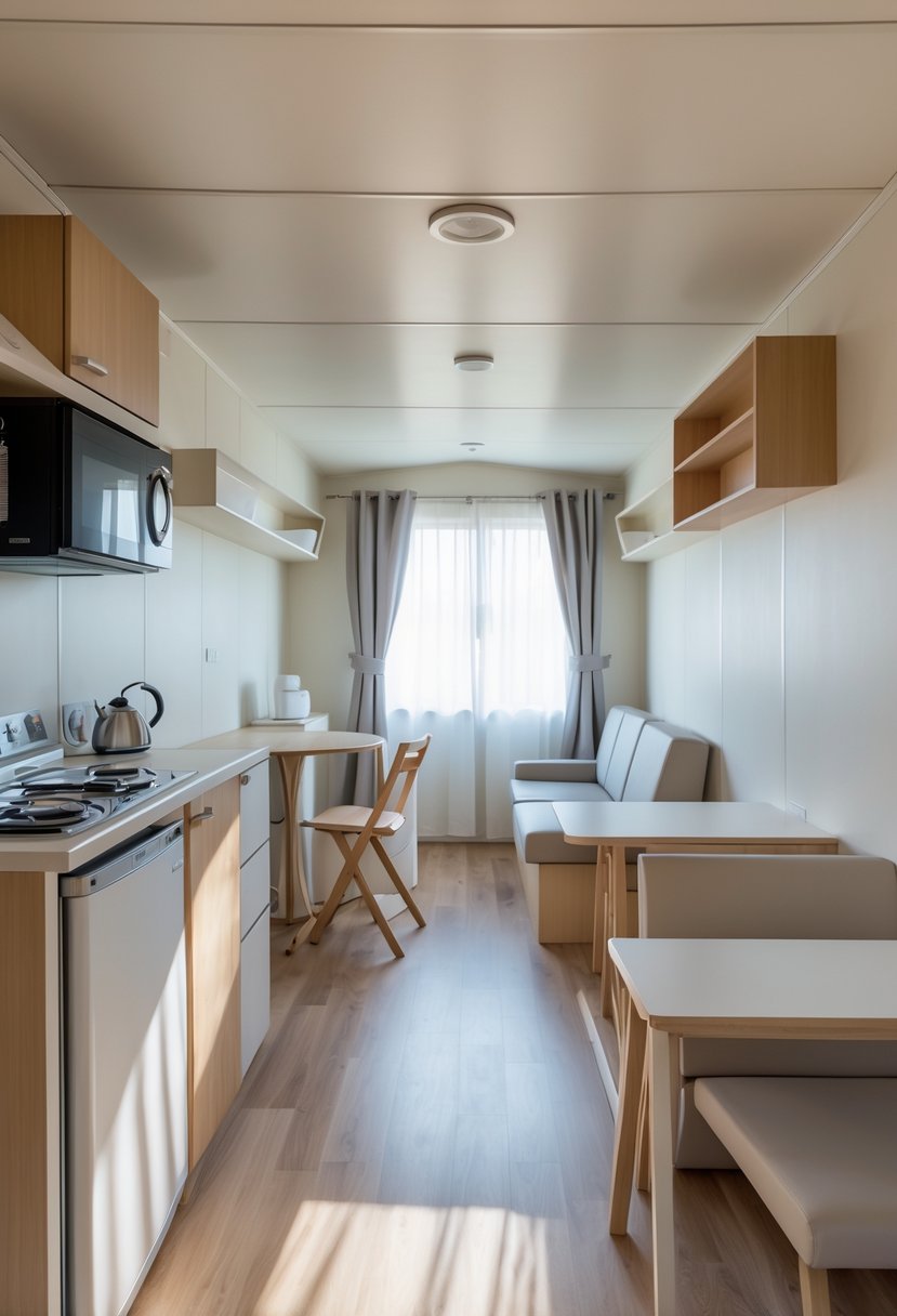 Interior of a singlewide mobile home with compact kitchen appliances and space-saving furniture.