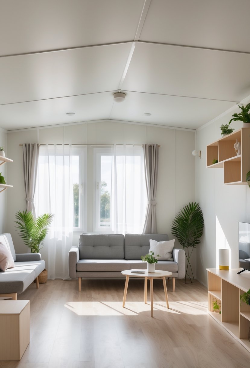 Interior of a mobile home living area with slim furniture and natural light creating an open and spacious feel.