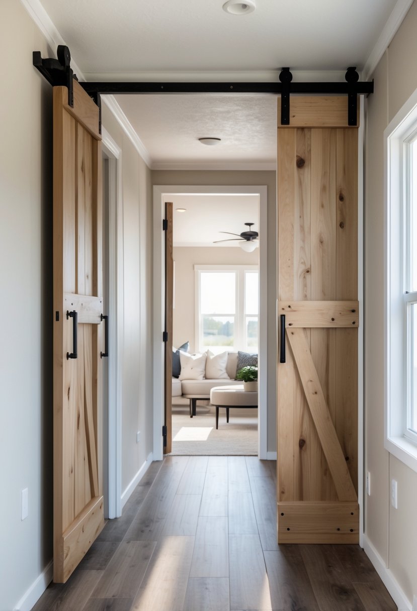 A narrow interior space in a mobile home with sliding wooden barn doors partially open, showing a cozy living area beyond.