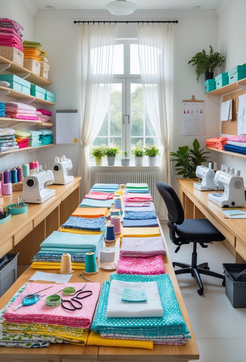 A bright sewing room with a large worktable, sewing machines, shelves of fabric and thread, and natural light coming through windows.