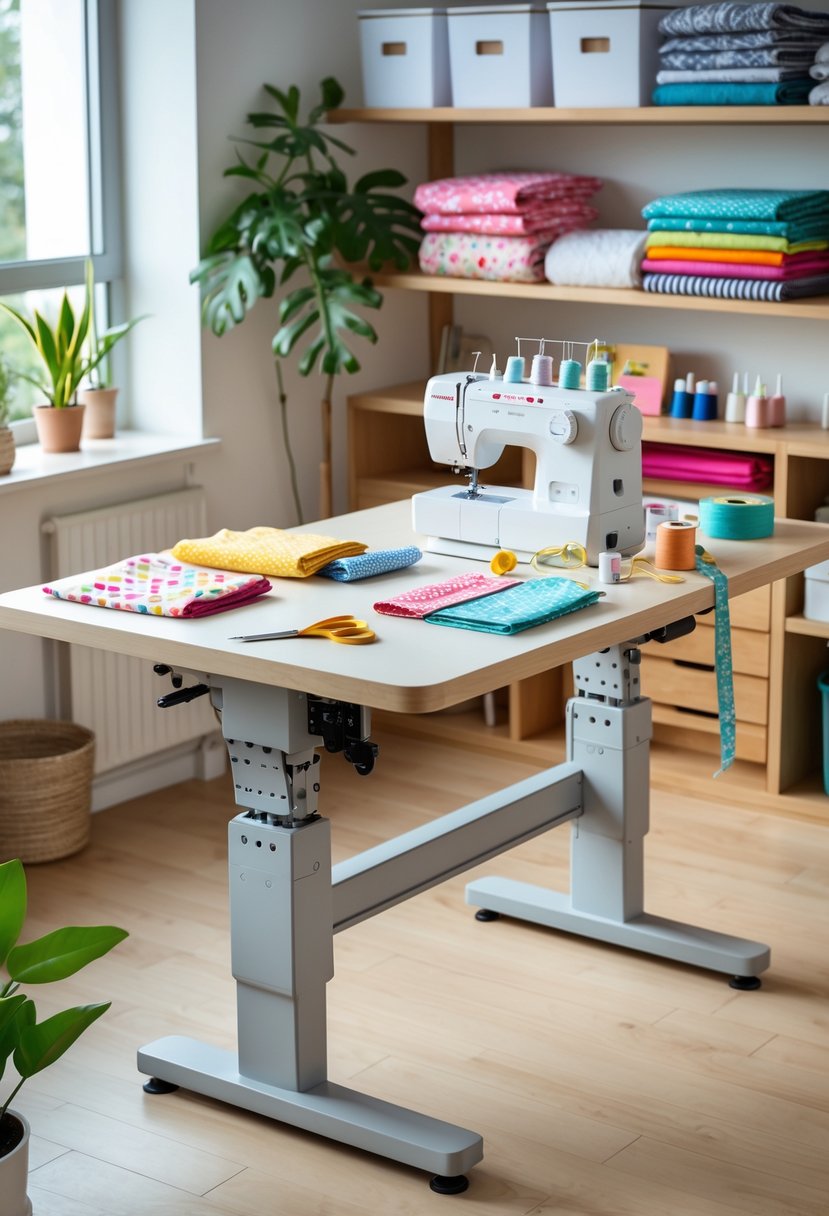 A sewing room with an adjustable height worktable holding sewing supplies and a sewing machine, surrounded by shelves with fabrics and storage bins.