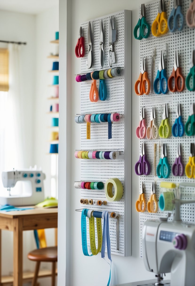 A sewing room with wall-mounted pegboards holding scissors and sewing tools above a workspace with fabric and a sewing machine.