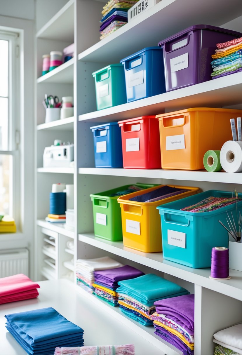 A sewing room with colorful bins organized on shelves, each holding different fabric scraps and surrounded by sewing tools and materials.