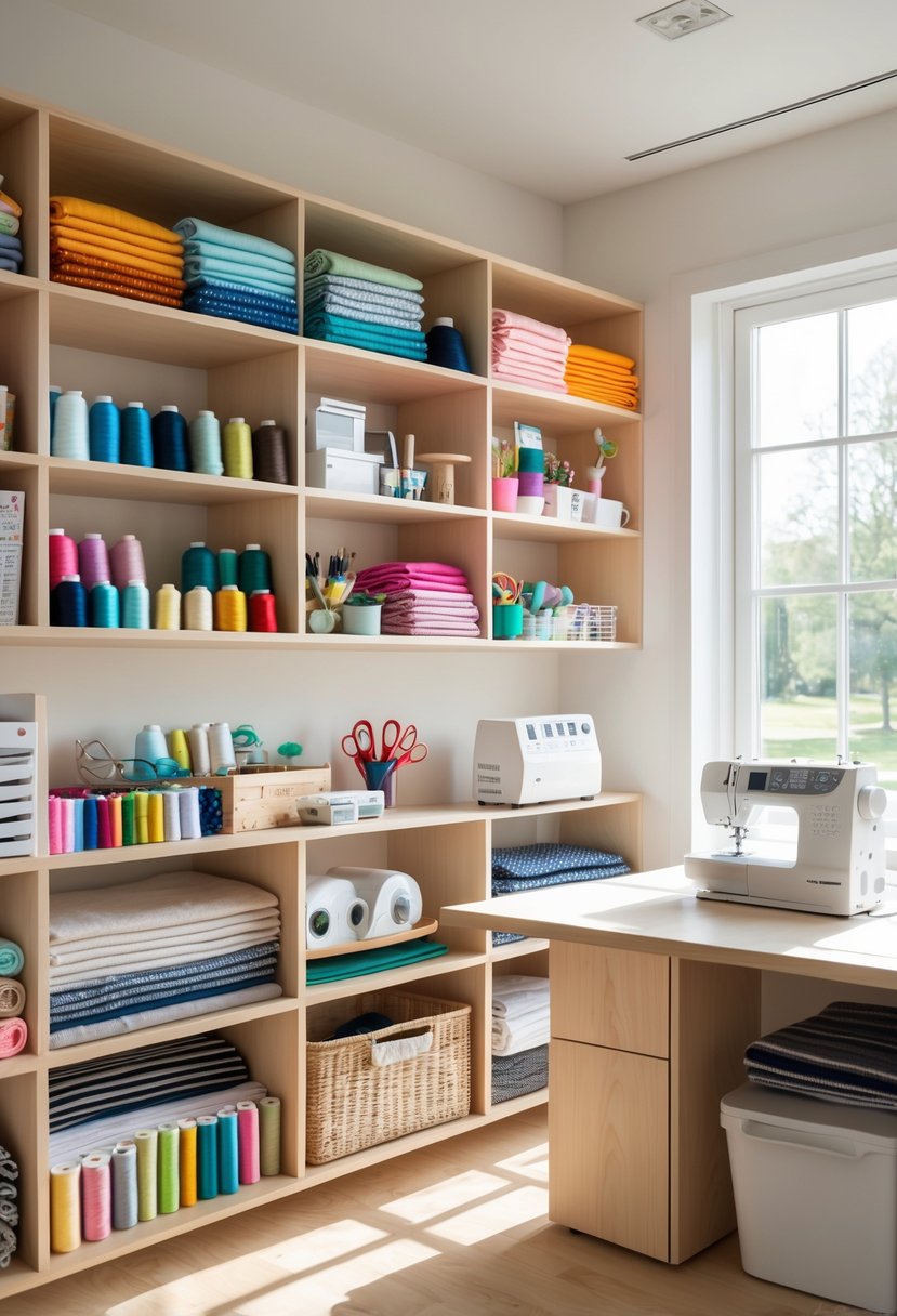 A sewing room with open shelves holding sewing supplies and a worktable with a sewing machine.